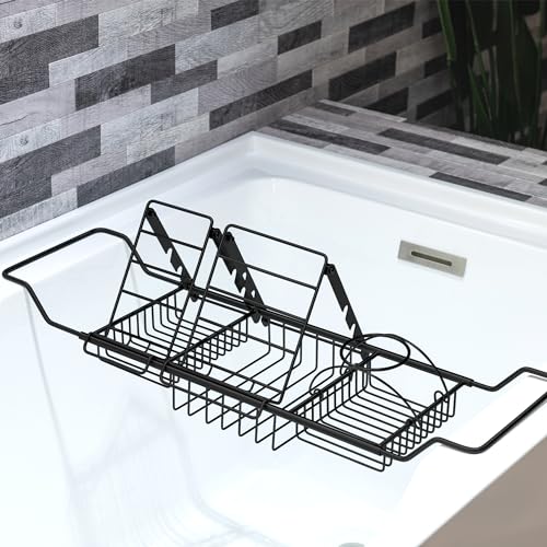 WOODBRIDGE Stainless Steel Extendable Bathtub Caddy Tray in Matte Black Finish with Removable Wine Holder, Book and Phone Rack, Bathcad-MB - color: Matte Black