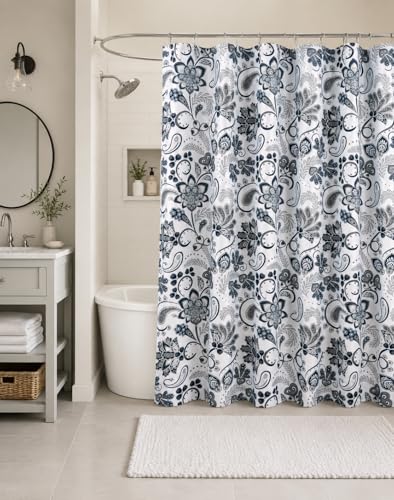 Serafina Home Hotel Quality Navy Gray Grey Fabric Bathroom Shower Curtain: Paisley Floral Leaf Damask Design on White (72 x 70 inches) - color: Jacobean