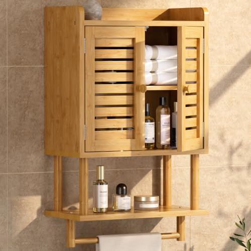 AmazerBath Bathroom Wall Cabinet, Bamboo Over The Toilet Storage Cabinet, Hanging Medicine Cabinets with Towel Bar, Wall Mounted Storage Shelf with Adjustable Shelves for Small Spaces - color: Natural With Striped Door, size: 16.5" W x 26.6" H