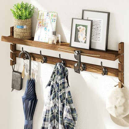AMBIRD Wall Hooks with Shelf 28.9inch Entryway Wall Hanging Shelf, Wood Coat Hooks, Coat Rack Wall Mount Rack with 5 Dual Hooks, Glasses Organizer and Hat Organizer - style: 5 Hooks