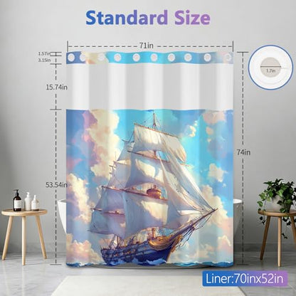 No Hooks Shower Curtain with Snap in Liner and Sheer Top Window, Sailboat Nautical Theme Easy Hang Waterproof Fabric Shower Curtain, 71x74in No Hook Double-layer Shower Curtain Set with Weighted Hem - color: Sailing Boat