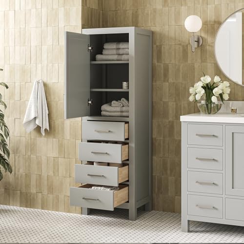 ARIEL Cambridge Bathroom Storage Cabinet - Solid Hevea Wood and Fully Assembled for Long-Lasting Durability and Sophisticated Finish, Freestanding Linen Bathroom Cabinet - 65”H x 20”W x 16”D, Grey - color: Grey, style: Cambridge