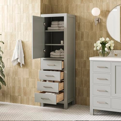 ARIEL Cambridge Bathroom Storage Cabinet - Solid Hevea Wood and Fully Assembled for Long-Lasting Durability and Sophisticated Finish, Freestanding Linen Bathroom Cabinet - 65”H x 20”W x 16”D, Grey - color: Grey, style: Cambridge
