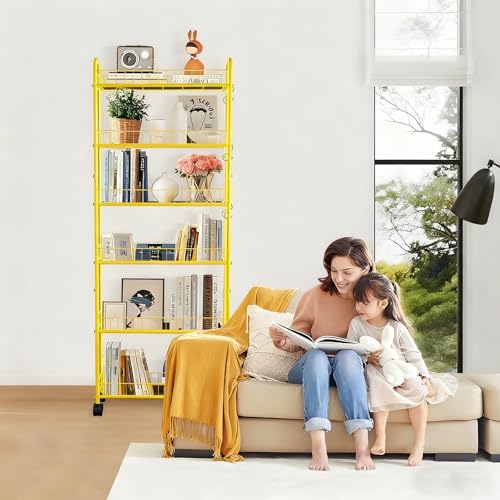 6-Tier Slim Storage Cart with Wheels, Metal 6in Narrow Rolling Shelf, Sturdy Slim Storage with Hooks Ideal for Kitchen, Bathroom, and Laundry Room, Yellow - size: 6in Yellow