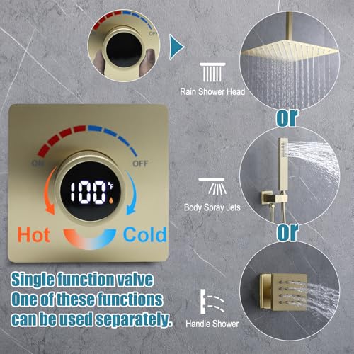 Temperature Display Shower Valve with Wall Mounted Waterfall Tub Faucet Kit Waterfall Tub Spout One Way Shower Deliver Valve - color: Brushed Gold, style: Adjustable bathtub faucet