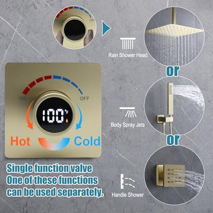 Temperature Display Shower Valve with Wall Mounted Waterfall Tub Faucet Kit Waterfall Tub Spout One Way Shower Deliver Valve - color: Brushed Gold, style: Adjustable bathtub faucet