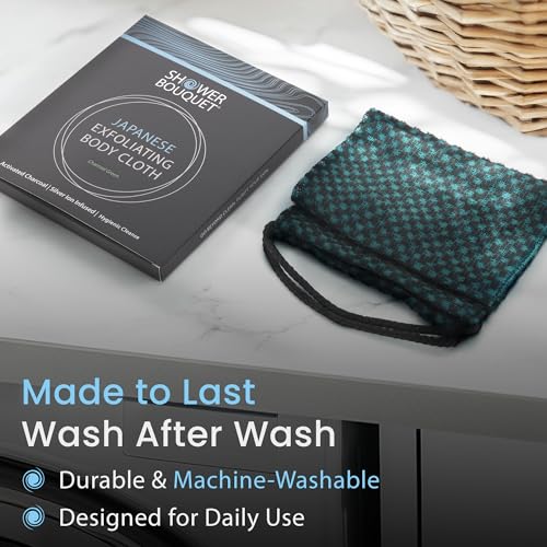 SHOWER BOUQUET Japanese-Exfoliating-Washcloth 2-Pack Charcoal & Silver Ion | Exfoliating Towel & Handles | 2-Sided Gentle Exfoliation & Deep Cleansing | Back & Body Wash Cloths for Shower | Blue + Green - color: Charcoal Blue + Charcoal Green, size: 1 Cou