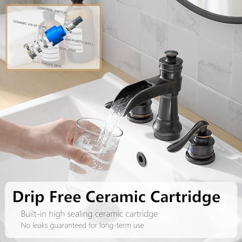 Bathroom Sink Faucet Waterfall 3 Hole or 8 Inch Widespread Tap | Oil Rubbed Bronze,Brass,Dual Handle,Easy to Clean,Simple Installation,Pop-up Drain,Supply Line,Control of Hot and Cold Water - color: Oil Rubbed Bronze