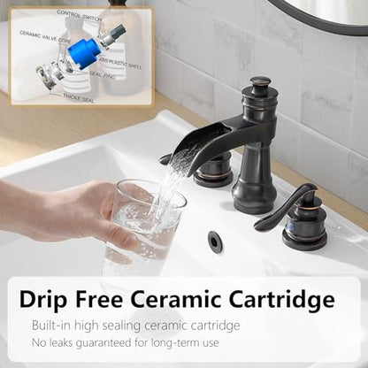Bathroom Sink Faucet Waterfall 3 Hole or 8 Inch Widespread Tap | Oil Rubbed Bronze,Brass,Dual Handle,Easy to Clean,Simple Installation,Pop-up Drain,Supply Line,Control of Hot and Cold Water - color: Oil Rubbed Bronze