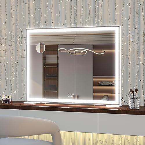 ANYHI Large Vanity Mirror with Lights, 36.2" x 26.8" Hollywood Lighted Vanity Mirror, 10X Magnification, Smart Touch Control, 3 Color Modes, Memory Function,USB Charging, Tabletop or Wall Mount, White - color: White, size: 36.2"L x 26.8"W