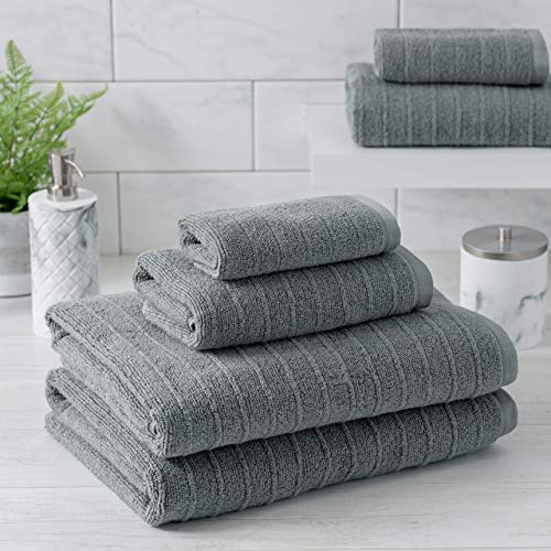 Welhome James 100% Cotton Towel Set of 6 - Textured Stripe Towels for Bathroom - 6 Piece Set of 2 Bath Towels, 2 Hand Towels, 2 Washcloths, Soft & Absorbent, Gray - color: Gray, size: 6 Piece Towel Set