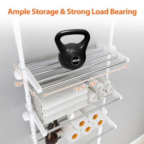 4-Tier Over The Toilet Storage Shelf, 4.5-9.5 FT Adjustable Bathroom Organizer, Heavy Duty Metal Shelves Above Behind Toilet Laundry, Space-Saving Shelving for Small Rooms, No Drill, White - color: White
