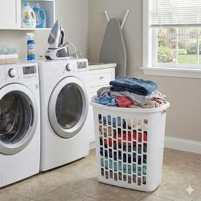 Bushel Laundry Hamper, Slim Rectangular Ventilated Plastic Clothes Basket, Heavy Duty Washing Bin With Reinforced Handles for Bathroom, Dorm, and Closet Organization, White, 1 Pack