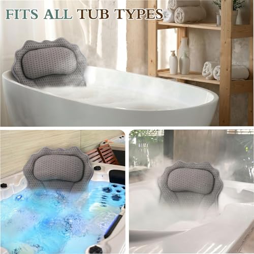 Bath Pillow RUVINCE Ergonomic Luxury Bathtub Pillow with Head,Neck, Shoulder and Back Support, 4D Bath Pillows for tub with 6 Powerful Suction Cups, Fits All Bathtub - color: Grey