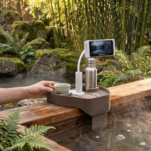 Takywep Adjustable Hot Tub Tray with Phone Holder, 10.6" Plastic Bathtub Drink Caddy with Cup Holders, Spa Table Hot Tub Accessories for Pool Outdoor Patio Relaxation - Cinnamon