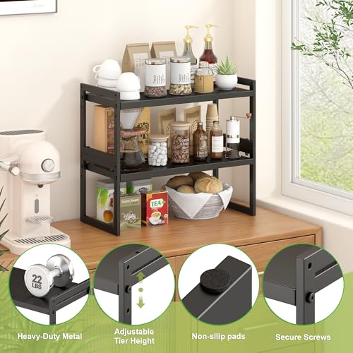 DOLALIKE Expandable kitchen Countertop Organizer, Stackable Cabinet Shelf Organizers, Space Saving Spice Rack Pantry Storage for Bathroom Office (Black, 1 Pack) | Space Saving Metal Pantry Storage Racks for Kitchen Spice Rack Pans and Untensils Bathroom O