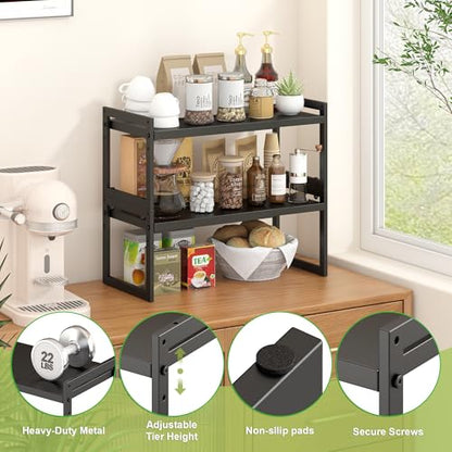 DOLALIKE Expandable kitchen Countertop Organizer, Stackable Cabinet Shelf Organizers, Space Saving Spice Rack Pantry Storage for Bathroom Office (Black, 1 Pack) | Space Saving Metal Pantry Storage Racks for Kitchen Spice Rack Pans and Untensils Bathroom O