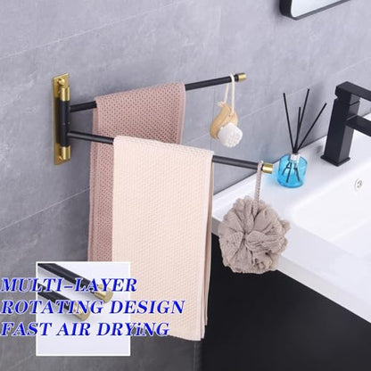 GERZWY Bathroom Swing Arm Towel Bars 2-Arm Wall Mount Stainless Steel Bath Towel Rack Hanger Towel Holder Organizer (Black & Gold) HYG02-BD - color: Black & Gold