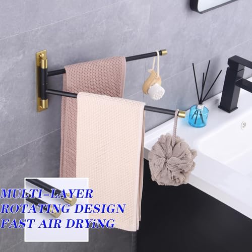 GERZWY Bathroom Swing Arm Towel Bars 2-Arm Wall Mount Stainless Steel Bath Towel Rack Hanger Towel Holder Organizer (Black & Gold) HYG02-BD - color: Black & Gold