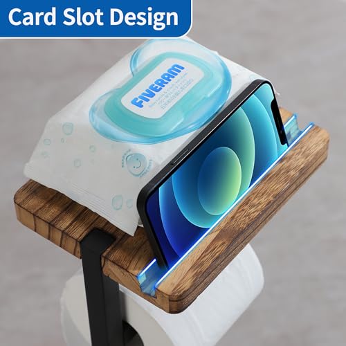 YIGII Toilet Paper Holder Stand with Shelf, Free Standing Toilet Paper Stand with Storage and Dedicated Phone Slot for Bathroom