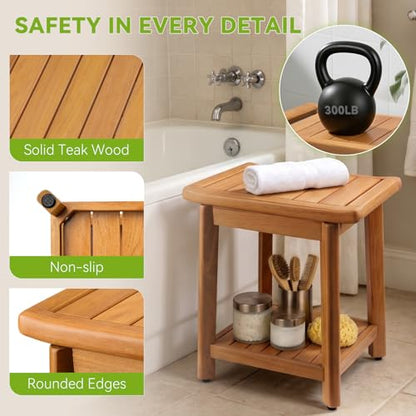 Teak Shower Bench for Inside Shower, Waterproof Wooden Shower Stool | Shower Stool with Storage Shelf, Non Slip Bathroom Seat for Safe Bathing & Daily Support, Compact Spa Shower Bench (14 Inch) - size: 14"-Standard