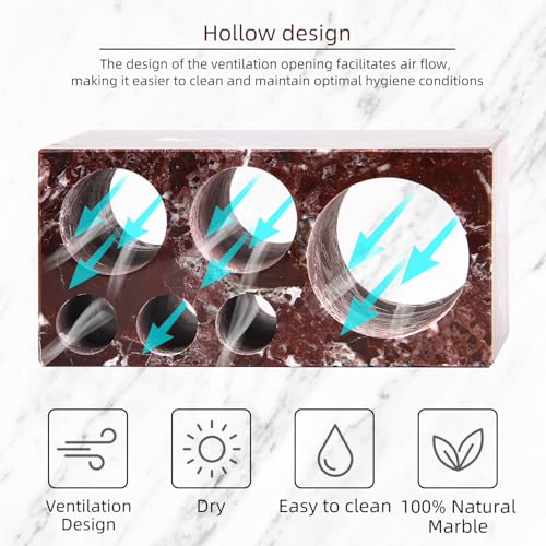 Natural Marble Toothbrush Holder, Rosso Lepanto, 6 Slots | Large Bathroom Organizer Countertop, Ventilation Design, Stone Toothbrush and Toothpaste Stand, Non-Slip Silicone Pads - color: Rosso Lepanto, size: 6 Slots