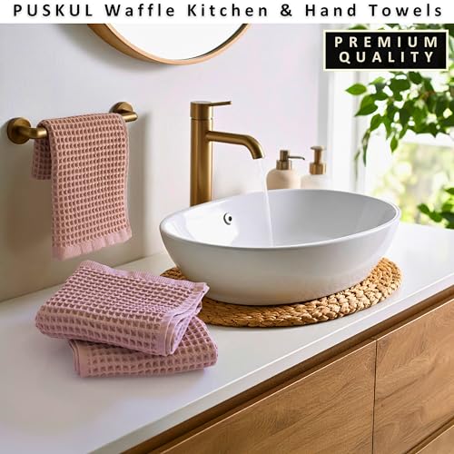 PÜSKÜL Natural 100% Turkish Cotton Waffle Hand and Kitchen Towels Set of 3 | Pink Powder, Large 32x16 inc, Honeycomb-Waffle weave towel for bathroom & kitchen. Premium quality oeko-tex made in Turkey. - color: Pink Powder, size: Kitchen & Hand Towels Pack