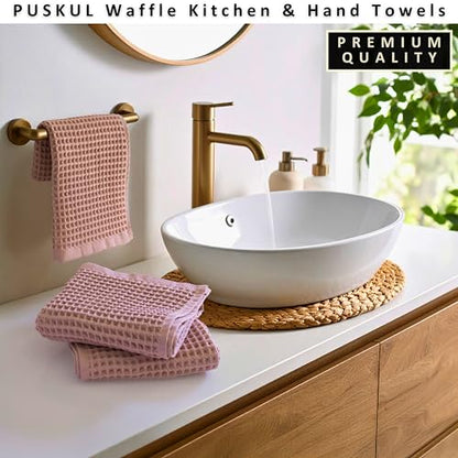 PÜSKÜL Natural 100% Turkish Cotton Waffle Kitchen and Hand Towels, 3-Piece | Pink Powder, 32x16" Large, Premium 3D Honeycomb Weave Soft Absorbent Quick-Dry Lint-Free Dish Towel, Oeko-Tex Made in Turkey - color: Pink Powder, size: Kitchen & Hand Towels Pac