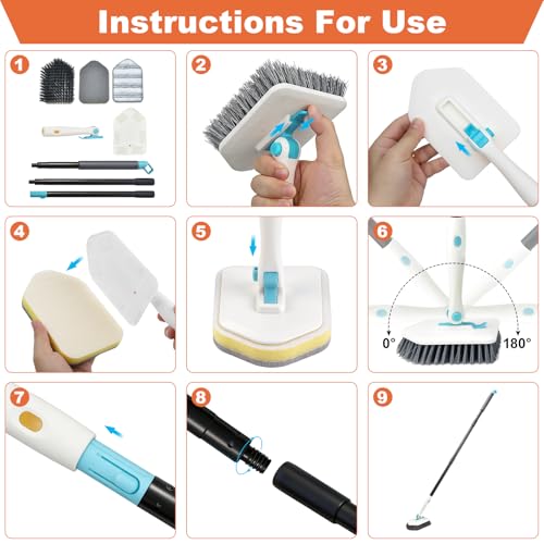 Long Handled Scrub Brush for Shower,3-in-1 Cleaning Brushes with 3 Different Function Cleaning Heads Brush for Shower Cleaning Bathroom Kitchen Walls Tub Tile (White) - color: White
