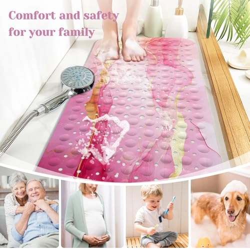 Marble Bath Tub Mat Non Slip, Pink Marble Non Slip Bath Mat for Shower, Large Washable Shower mats for Showers with Drain Holes and Suction Cups,40 X 16 Inch - color: Pink Marble
