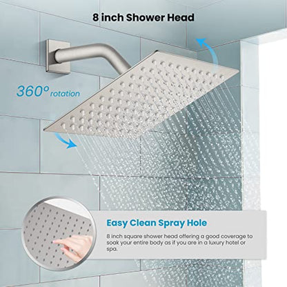 gotonovo Rainfall Bathroom Shower System Rain Shower Head and Handle Set Wall Mounted Shower Complete Combo Solid Brass Pressure Balancing Shower Mixer Valve 8 Inch Brushed Nickel - color: Brushed Nickel, size: 8 Inch