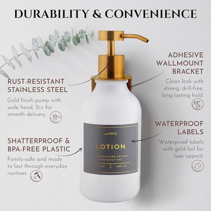 Shower Shampoo Dispenser Wall Mounted – 3 Refillable 16.9 oz White Bottles with Stainless Steel Pumps & No-Drill Adhesive Holders – Soap Dispenser Set for Bathroom (3 X White/Gold) - color: 3 X White/Gold