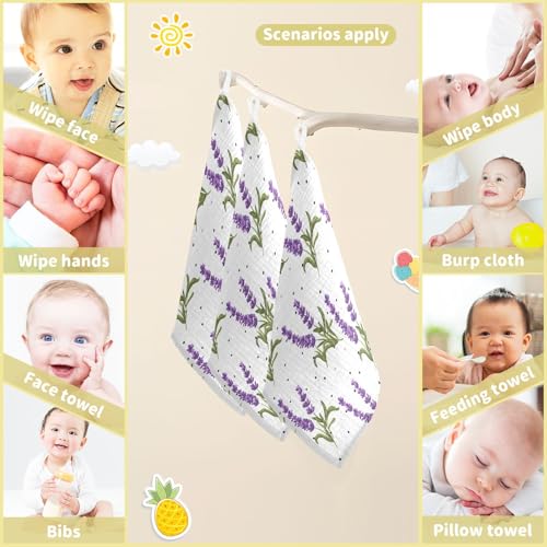 YETTASBIN Lavender Muslin Baby Hand Washcloths, Soft Cotton Bath Face Towel, 4 Layers Extra Absorbent Feeding Burp Cloth for Newborn Infant, 3 Pack - size: 12 Inch x 3 Pack