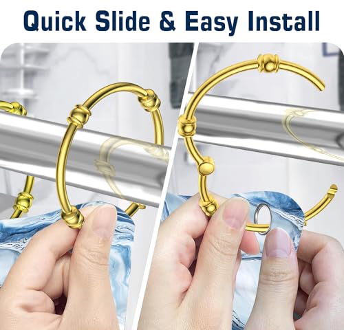 Gold Shower Curtain Rings, 12 Pcs Rust Proof Metal Curtain Hooks, Oval Snap Shower Rings for Curtain, Glide Smoothly for Bathroom Shower Rod, Zinc Alloy - color: Golden