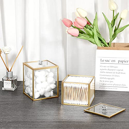 Hipiwe 2 Pack Glass Qtip Holder Dispenser With Lid Gold Bathroom Containers | Vanity Canisters for Cotton Balls Makeup Sponges Bath Salts Candles, Countertop Storage Organizer Jar