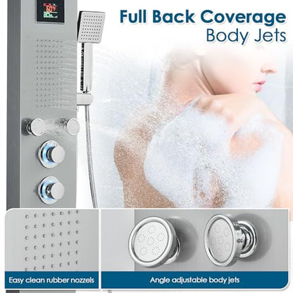 ROVOGO LED Shower Panel Tower With Lights & Digital Display, Water Powered | Rain Mist Shower Head, Handheld, 5 Body Jets, Tub Spout, Hydroelectric Shower Column Stainless Steel W/ Brass Valves, Brushed - style: 6-Function-Brushed-Water Powered