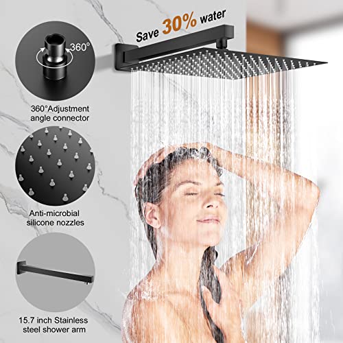 JOMEOO® 12 Inch Matte Black Shower System, Wall Mounted High Pressure Rain Shower Head with Handheld Sprayer, Bathroom Luxury Black Shower Head Shower Faucet Set Rough in Valve Body and Trim - color: Matte Black