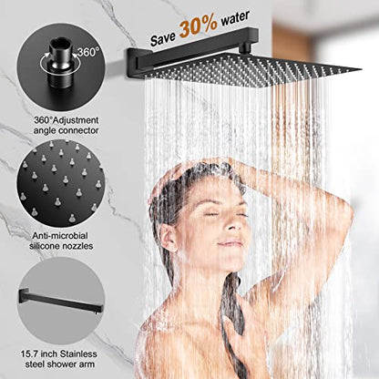 JOMEOO® 12 Inch Matte Black Shower System, Wall Mounted High Pressure Rain Shower Head with Handheld Sprayer, Bathroom Luxury Black Shower Head Shower Faucet Set Rough in Valve Body and Trim - color: Matte Black