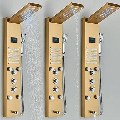 LED Rainproof and Waterfall Shower Panel Tower rain Massage System Body Jet Gold