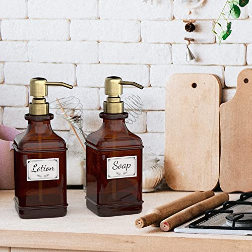 GLADPURE Soap Dispenser 2 Pack, Hand Soap Dispensers with 18 Oz Antique Design Thick Amber Glass Bottle, 316 Rust Proof Stainless Steel Pump, 6Pcs Stickers, for Lotion, Soap - Brushed Gold - color: Brushed Gold
