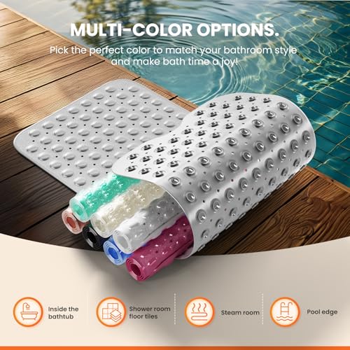 Non-Slip Bath Tub Mat, 39x16 Inch Extra Large Shower Mat with Drain Holes & Suction Cups, Machine Washable, Grey - color: Grey