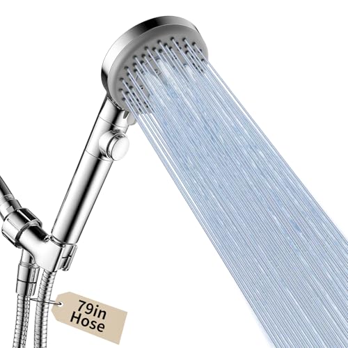 Handheld Shower Head with 79" Extra Long Hose 7 Modes, Chrome | High Pressure Shower Head with On/Off Switch Button, Powerful Wash Modes, for Baby and Pets Bath - color: Chrome, style: 6 Modes and Power Wash