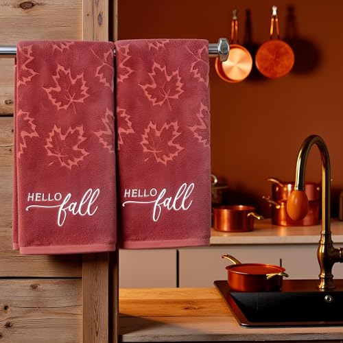 2 Pack Fall Hand Towel Jacquard Embroidered Cotton Kitchen Towels Farmhours Thankful Bath Towels Set Thanksgiving Bathroom Decor (Maple Hello Fall, 2*Hand Towel) - color: Maple Hello Fall