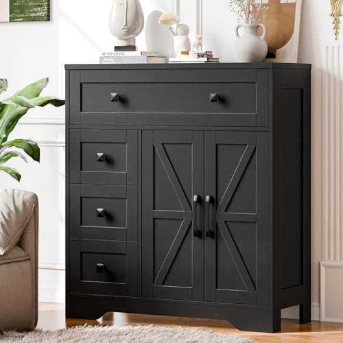 Vabches Farmhouse Storage Cabinet with 2 Doors and 4 Drawers, Pure Black | Freestanding Bathroom Storage Cabinet Kitchen Pantry, Floor Hutch Cupboard for Living Room/Bathroom/Kitchen - color: Pure Black, style: 4 Drawers
