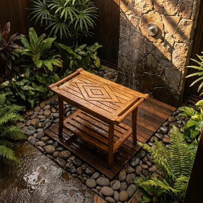 Teak Shower Bench Stool Seat, w/Leveling Feet, Waterproof, Teak Oil Finish | Xtra-Comfortable, 25” Wide 19” Tall 14” Deep, for Indoor/Outdoor Shower, Front Entrance, Spa, Sauna, Pool Deck, Patio, Garden