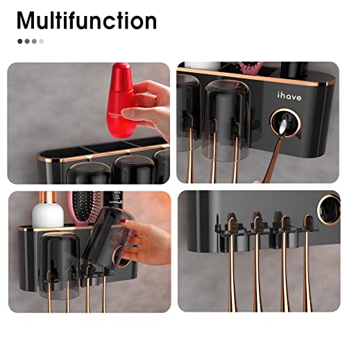 iHave Toothbrush Holders for Bathrooms Wall Mounted with Dispenser & 2 Cups | 6 Slots Wall Mount Toothbrush Holders for Bathrooms with Squeeze Toothpaste Dispenser, 2 Cups & 2 Compartments Organizer - color: Black 2 Cups