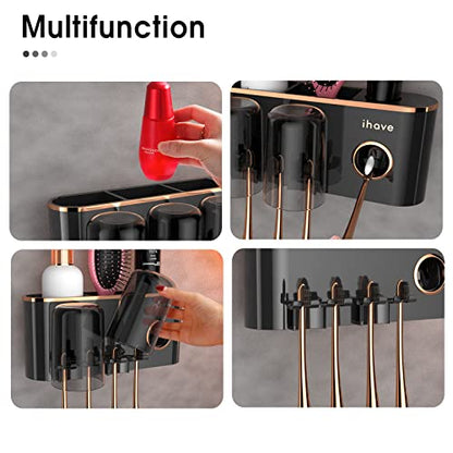 iHave Toothbrush Holders for Bathrooms Wall Mounted with Dispenser & 2 Cups | 6 Slots Wall Mount Toothbrush Holders for Bathrooms with Squeeze Toothpaste Dispenser, 2 Cups & 2 Compartments Organizer - color: Black 2 Cups