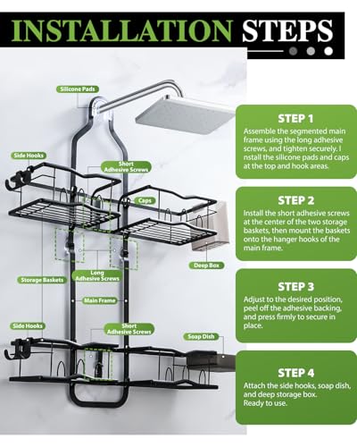 Shower Caddy Hanging – Rustproof Shower Organizer Hanging for Inside Shower – Over the Showerhead Rack with Soap Holder & Razor Hooks, No Drilling Bathroom Shower Shelves and Storage, Black