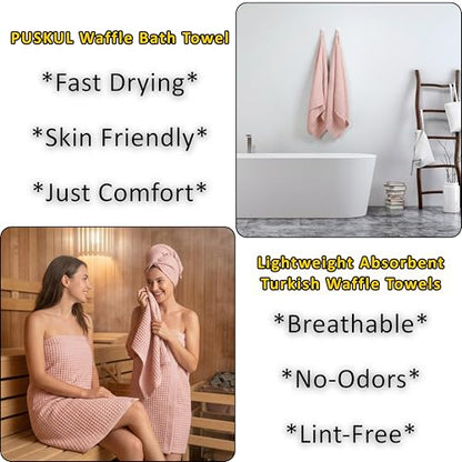 PÜSKÜL 2-Piece Natural 100% Turkish Cotton Waffle Bath Towels Extra-Large | Pink Powder 32x63" Bath Sheet Towel Light Soft Absorbent Quick-Dry Lint-Free Premium Honeycomb Weave Oeko-Tex Made in Turkiye - color: Pink Powder, size: Bath Towels - Pack of 2