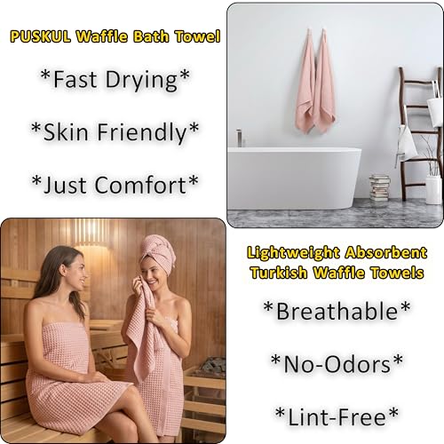 PÜSKÜL Natural 100% Turkish Cotton Waffle Bath Towels Set of 2, Extra-Large | Pink Powder, Oversize 32x63" Bath sheet towel for bathroom & beach. Honeycomb-Waffle weave, Premium oeko-tex made in Turkey. - color: Pink Powder, size: Bath Towels - Pack of 2